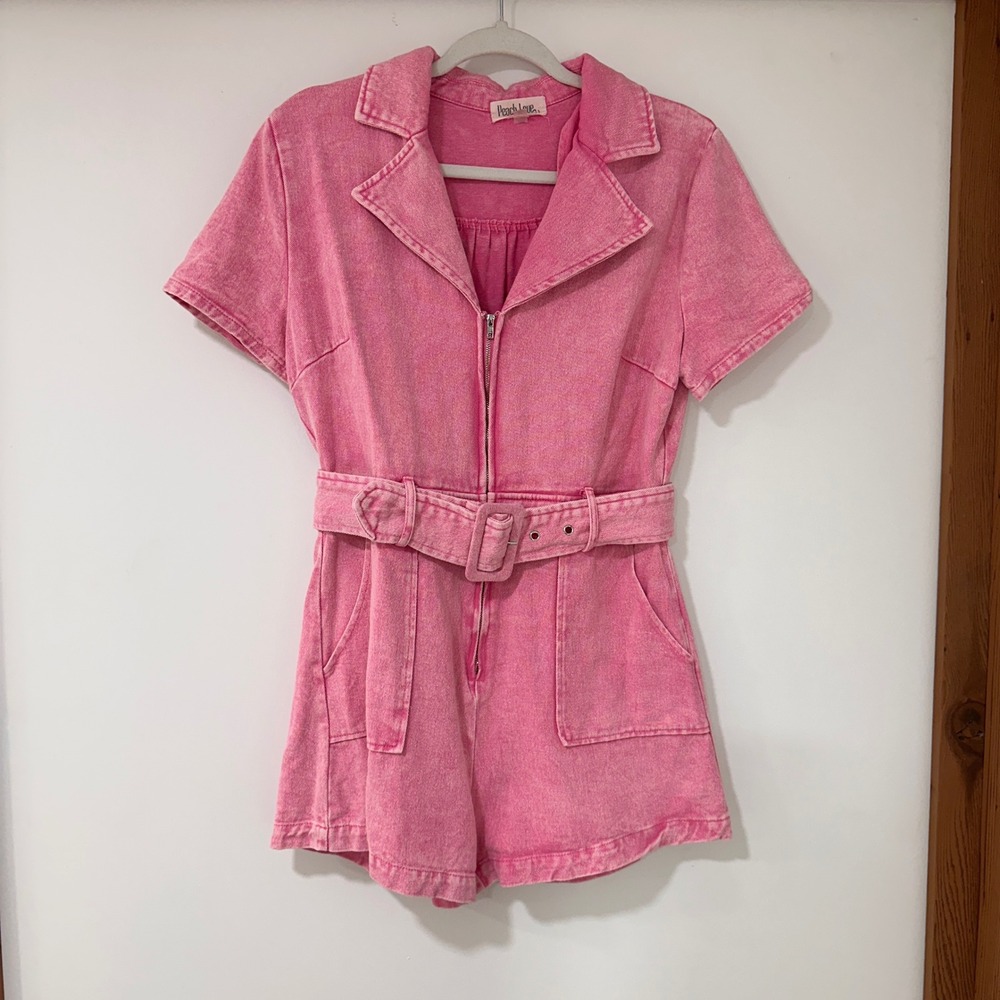 Peach Love California Pink Denim Short Sleeve Romper with Belt